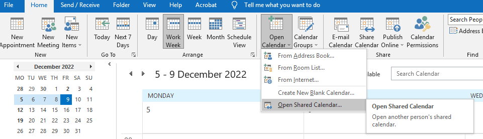 Sharing Outlook calendar instructions