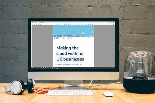 PDF report 'Making the cloud work for UK businesses' shown on a desktop computer.