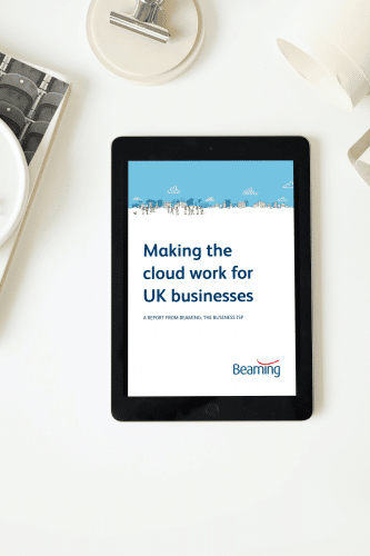 Ipad showing the Beaming report 'Making the cloud work for British busineses'