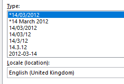 A screenshot of the date formatting options in excel. The top option is highlighted, a UK-formatted date with an asterix at the start.