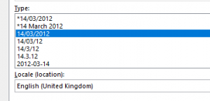 A screenshot of the date formatting options in excel. The third option is highlighted, a UK-formatted date without an asterix at the start.