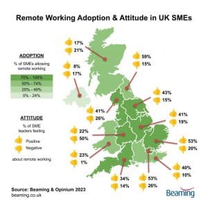 A map of the UK showing the attitudes of SMEs towards remote working in different areas