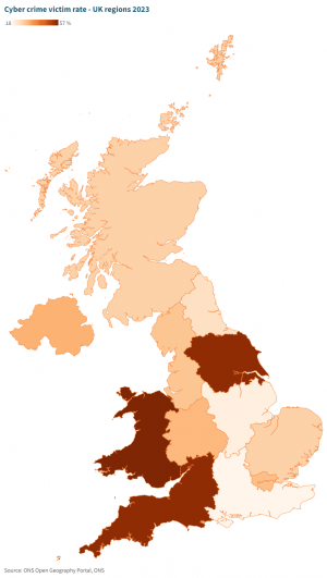 UK Cybercrime rates per region in 2023.