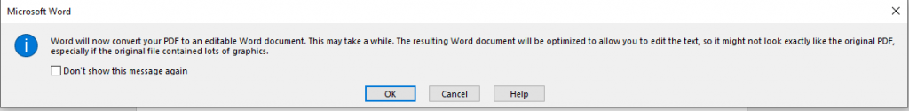 How to I change a PDF document into a word document without Adobe Pro? Dialogue box