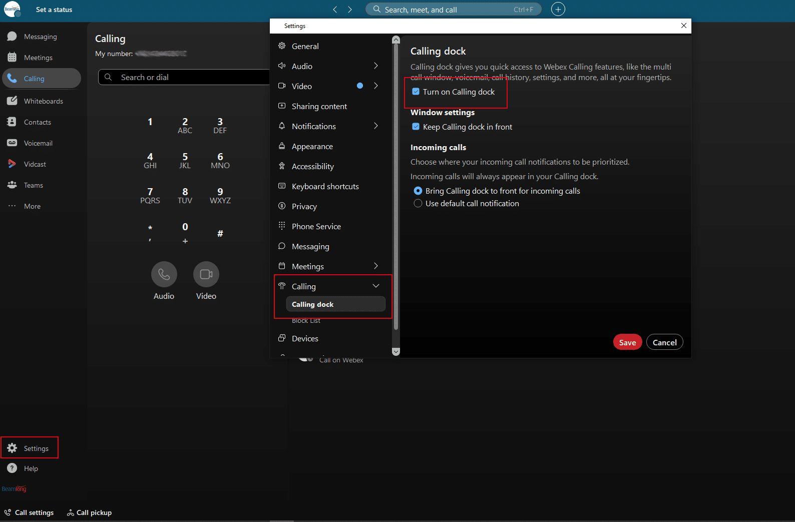 Screen shot of how to find the settings of the Webex calling dock