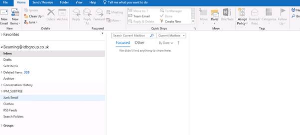 Disable focused inbox when all emails do not show in Outlook 2016